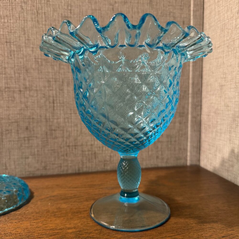 Vintage Viking Glass Candy Dish with Lid, Ice Blue Yesteryear.